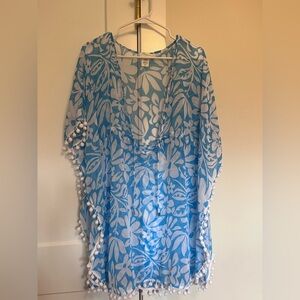 Bleu Rod Beattie M Gypset Caftan Pom Pom Blue and White Floral Cover-Up